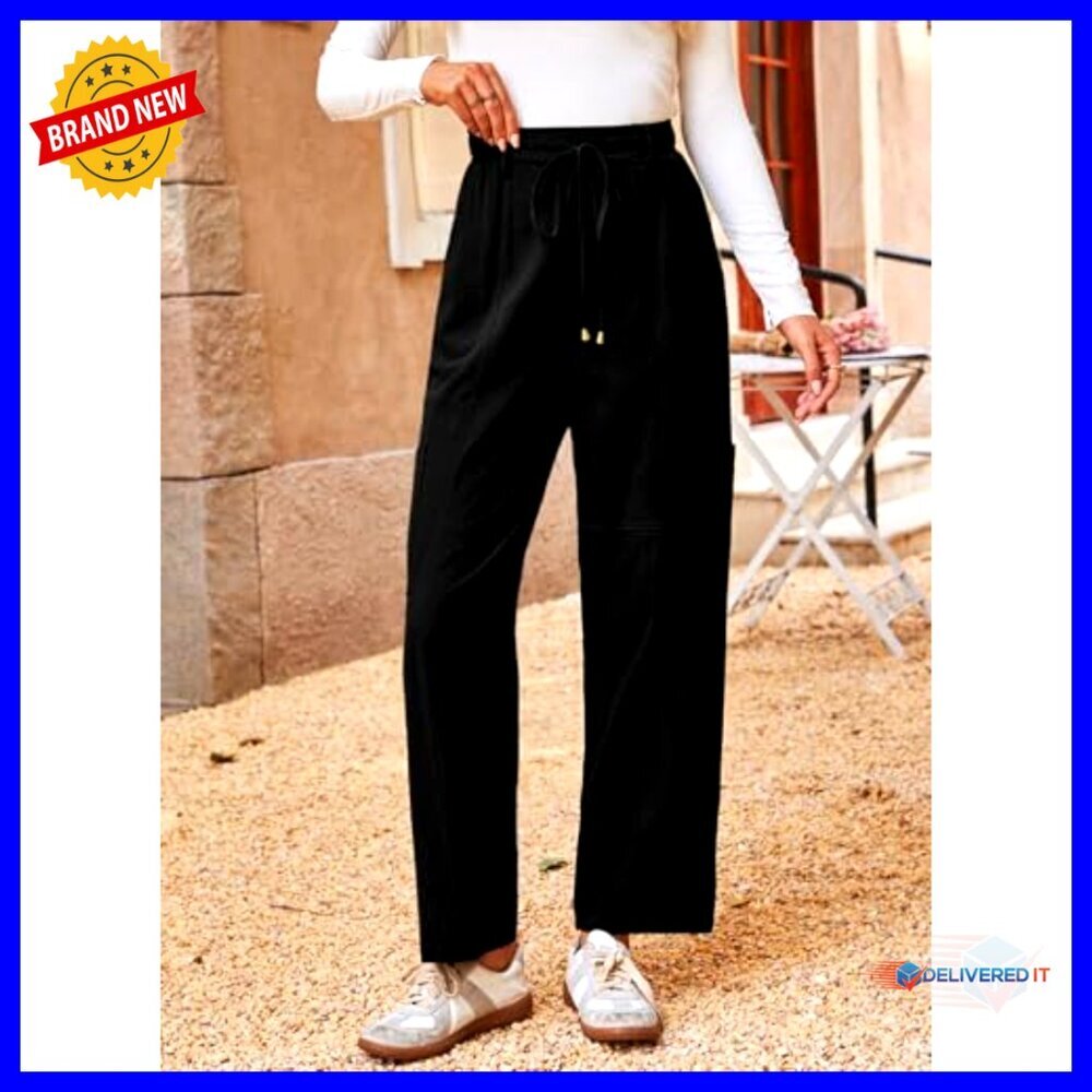 High Waisted Cotton Drawstring Pants Casual Loose Fit Travel Trousers with - Picture 2 of 6